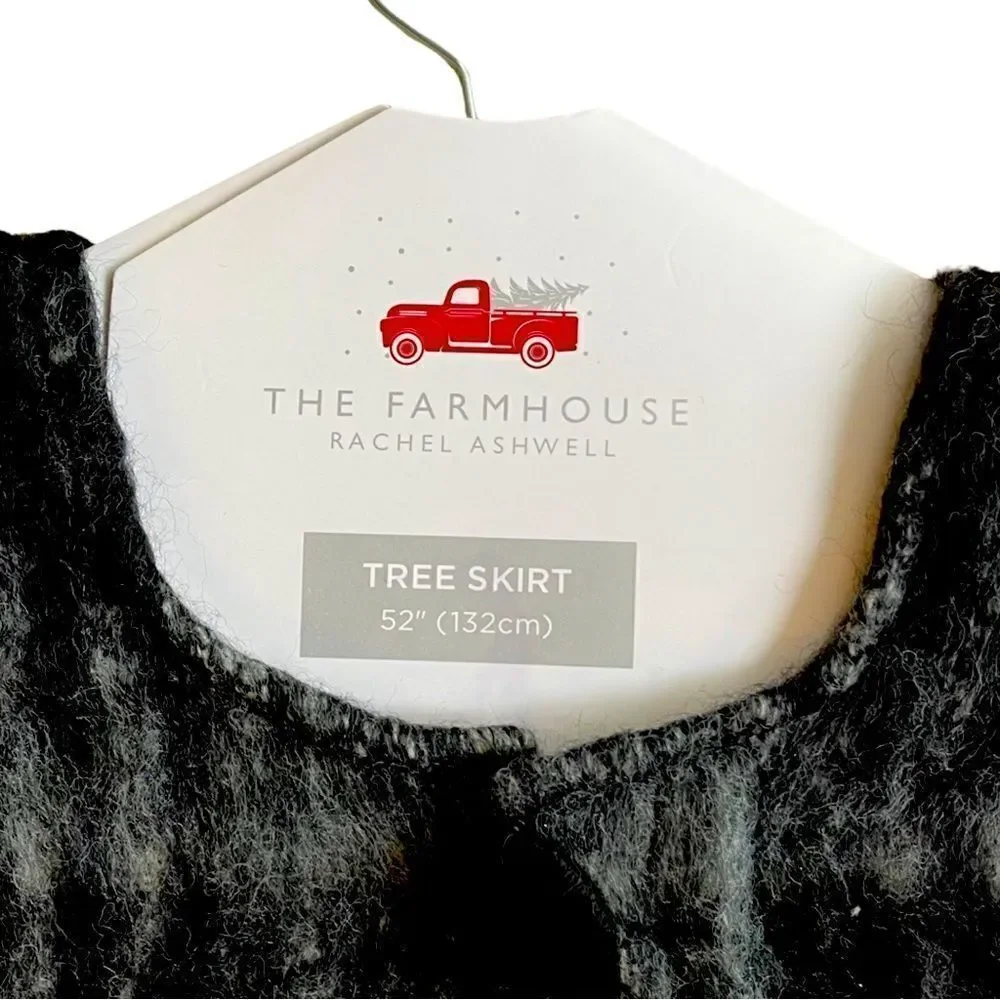 The Farmhouse Rachel Ashwell Mohair Plaid Holiday Tree Skirt Blk Gray 52” NWT
